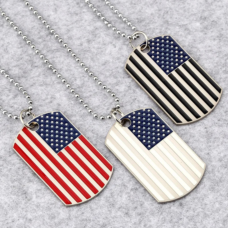 Hip Hop American USA Flag Necklace Men's US Army Military Card Pendant  Beaded Chain For Women The Stars And Stripes Jewelry