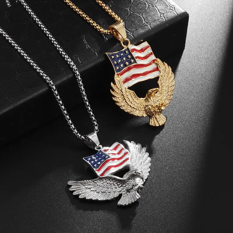 Retro Punk Eagle Pendant American Flag Necklace for Men Fashion Personality Rock Music Party Jewelry