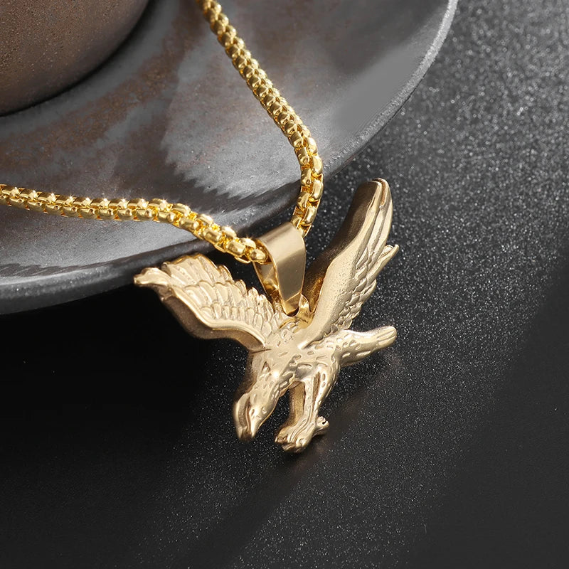 Retro Punk Eagle Pendant American Flag Necklace for Men Fashion Personality Rock Music Party Jewelry