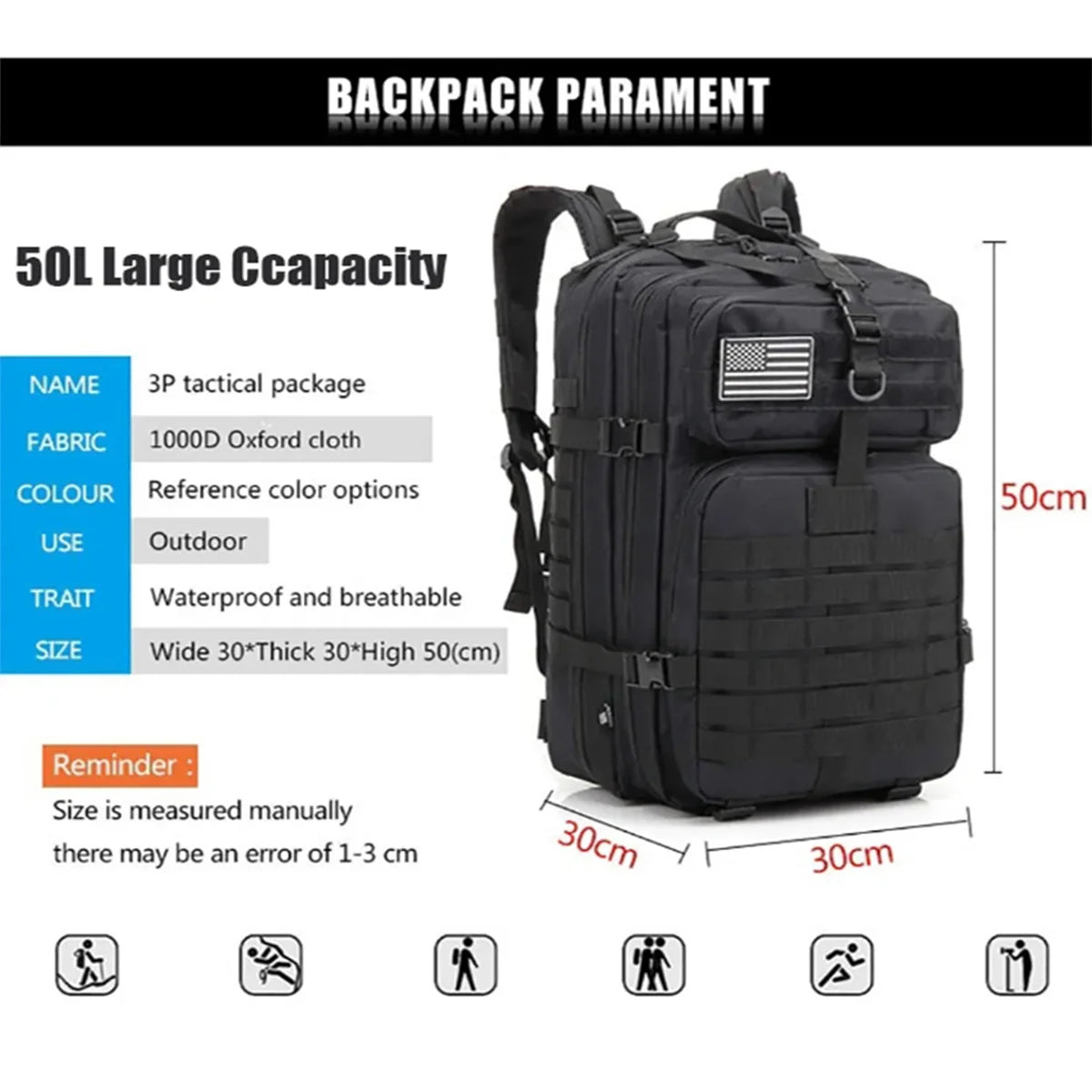 50L Large Tactical Backpack for Men Military Molle Waterproof Backpack Bug Out Bag Army Rucksack Backpack for Men Hunting Bag