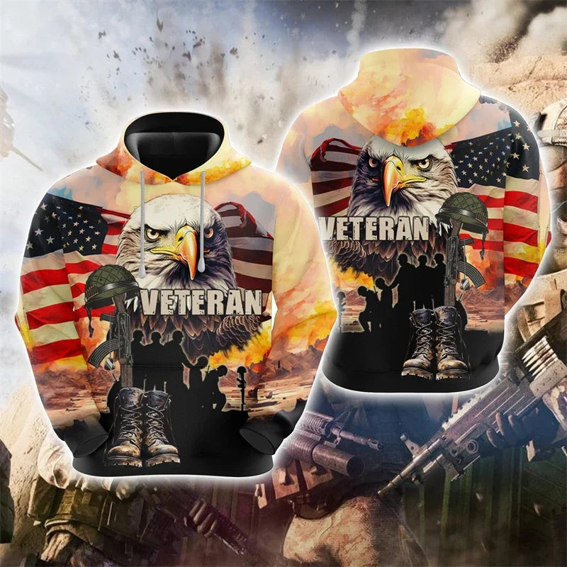 US Veteran Graphic Sweatshirts America Soldier 3D Print Hoodie For Men Clothes Animal USA Flag Eagle Tracksuit Casual Boy Tops