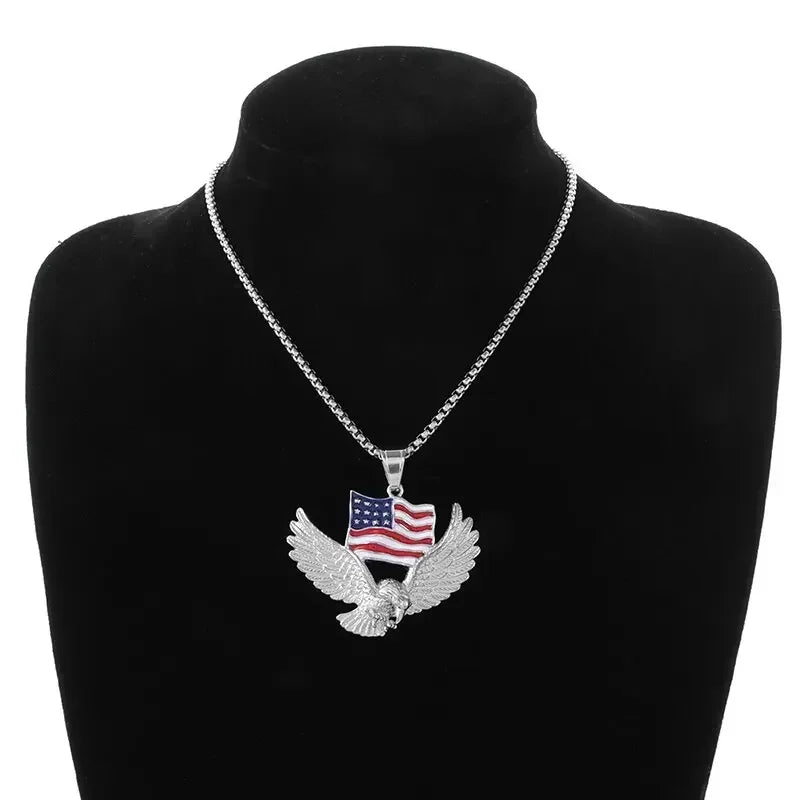 Retro Punk Eagle Pendant American Flag Necklace for Men Fashion Personality Rock Music Party Jewelry