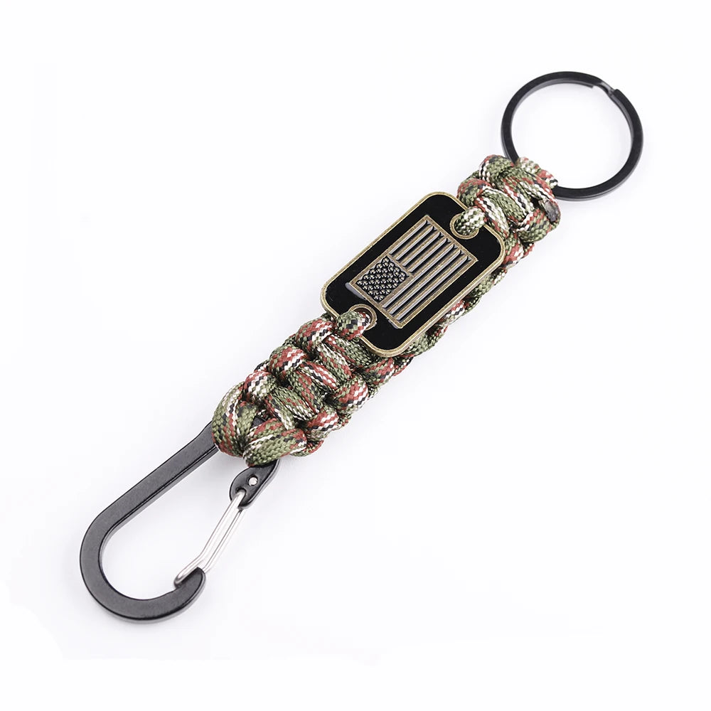 Paracord Keychain With Bronze USA Flag Alloy Buckle Carabiner  Clip Braided Lanyard Utility Ring Hook For Men Military Veterans