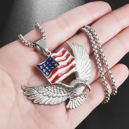 Retro Punk Eagle Pendant American Flag Necklace for Men Fashion Personality Rock Music Party Jewelry