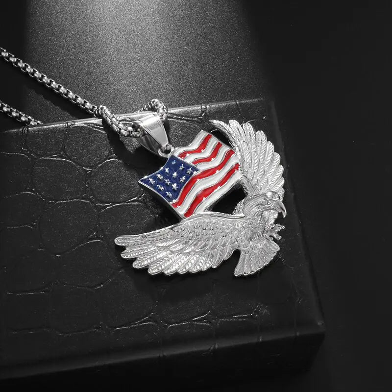 Retro Punk Eagle Pendant American Flag Necklace for Men Fashion Personality Rock Music Party Jewelry