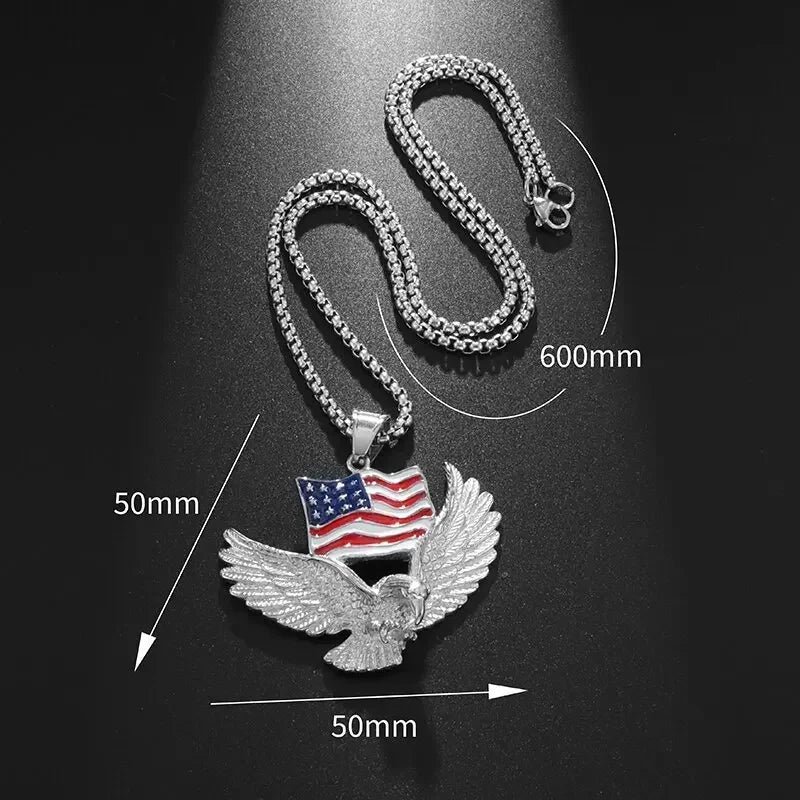 Retro Punk Eagle Pendant American Flag Necklace for Men Fashion Personality Rock Music Party Jewelry