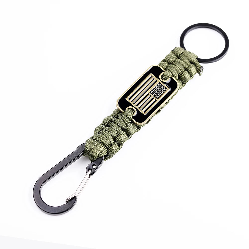 Paracord Keychain With Bronze USA Flag Alloy Buckle Carabiner  Clip Braided Lanyard Utility Ring Hook For Men Military Veterans