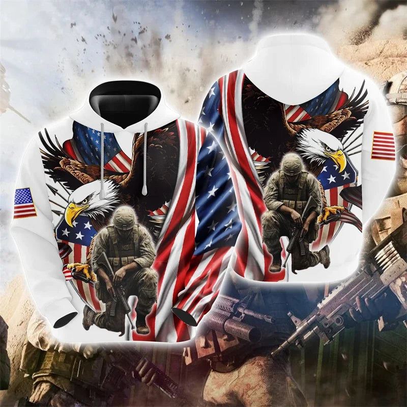 US Veteran Graphic Sweatshirts America Soldier 3D Print Hoodie For Men Clothes Animal USA Flag Eagle Tracksuit Casual Boy Tops