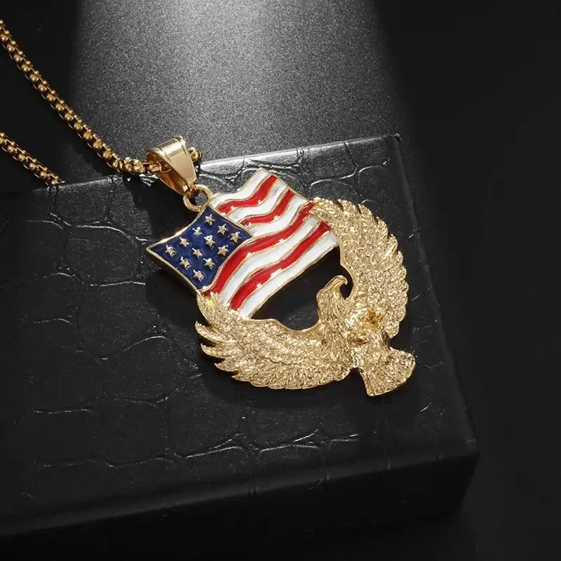 Retro Punk Eagle Pendant American Flag Necklace for Men Fashion Personality Rock Music Party Jewelry