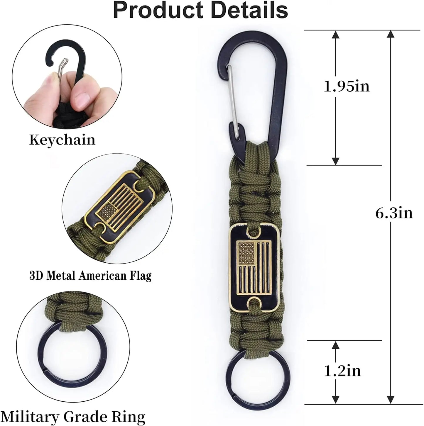 Paracord Keychain With Bronze USA Flag Alloy Buckle Carabiner  Clip Braided Lanyard Utility Ring Hook For Men Military Veterans